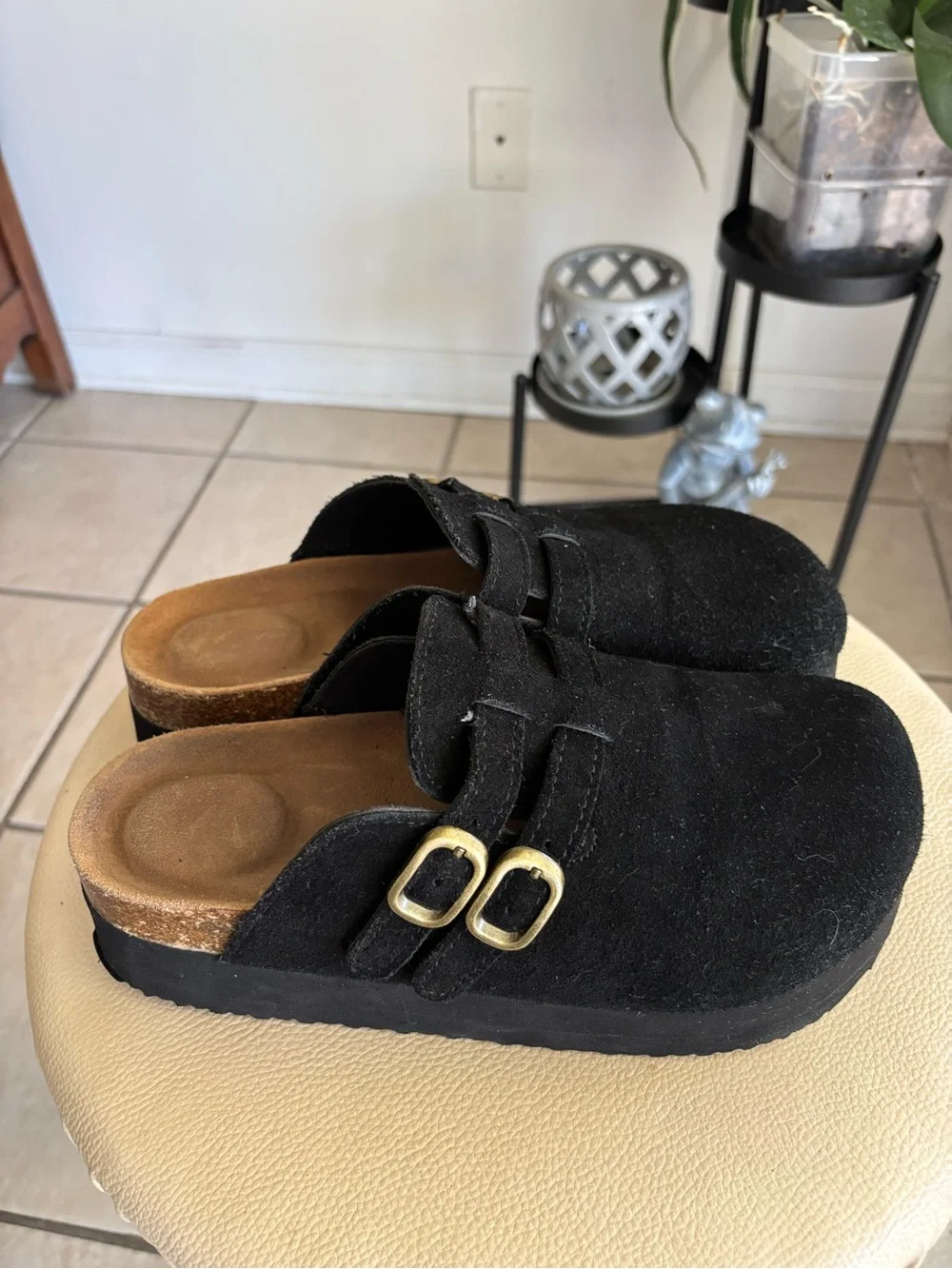 Women Black Suede Slip-On Clog with Dual Gold Buckles